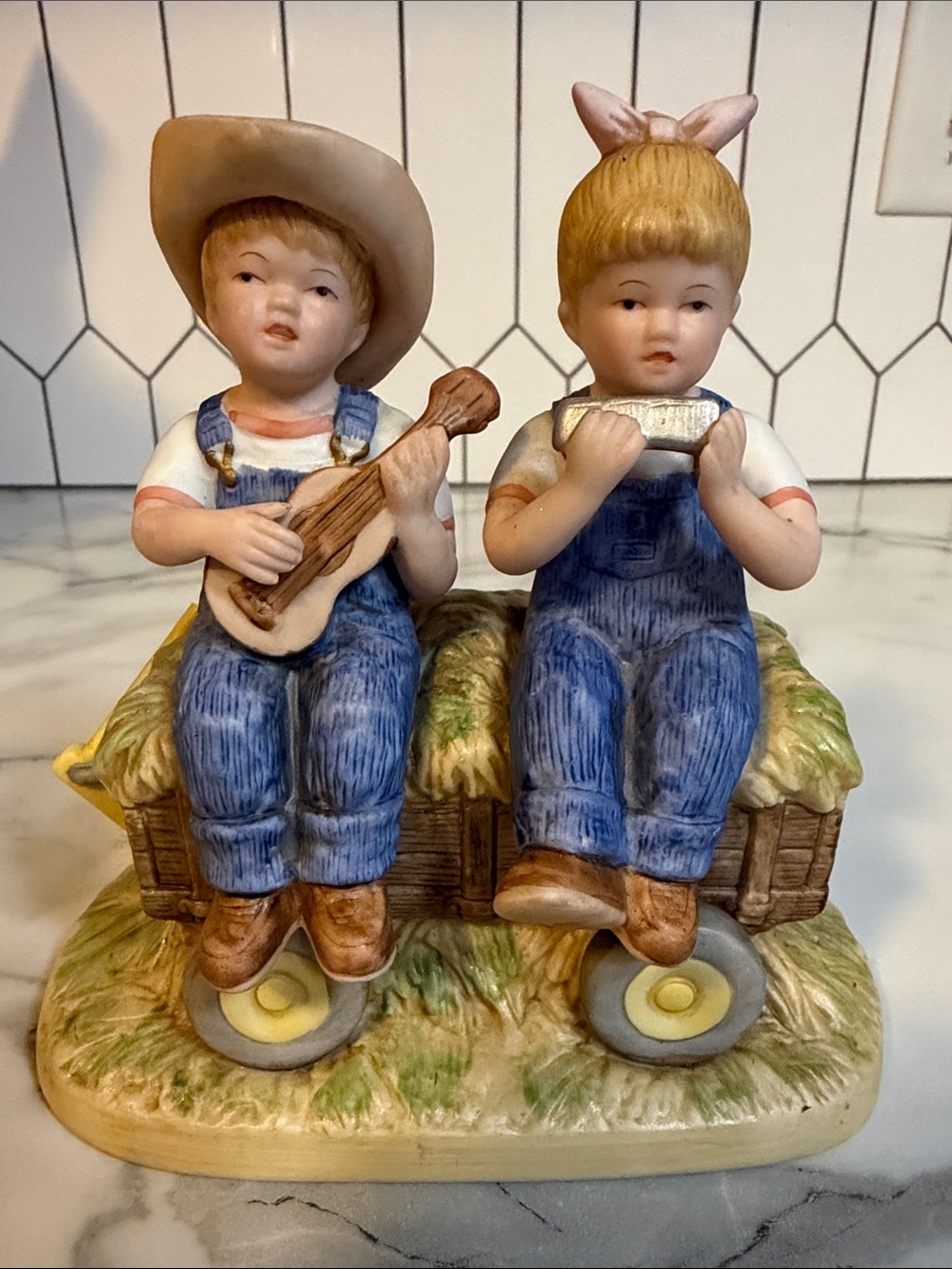 Vintage 1985 Homco Denim Days #1529 Boy & Girl on Wagon Playing Music